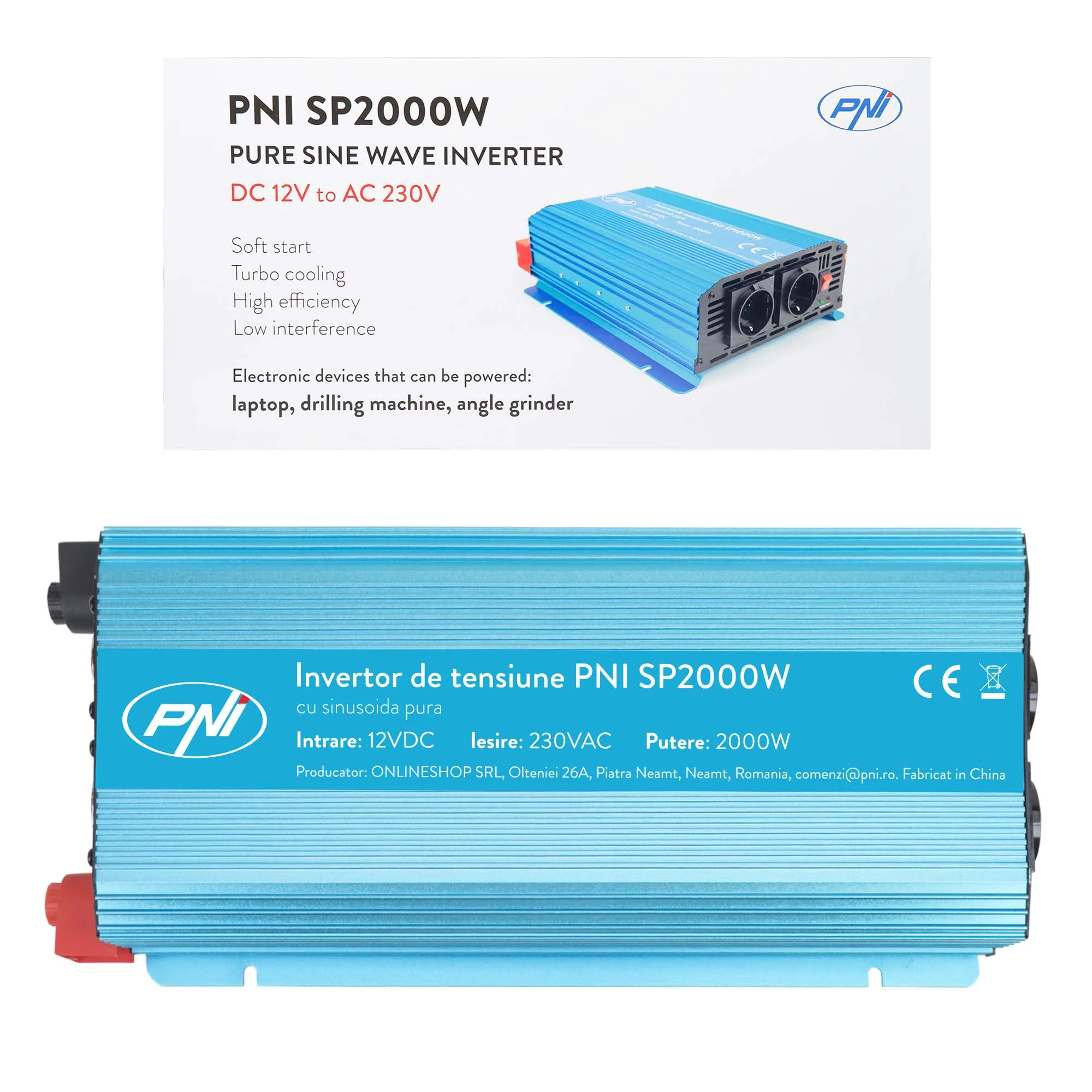 PNI SP2000W Zuivere Sinus Omvormer 12V DC-230V AC